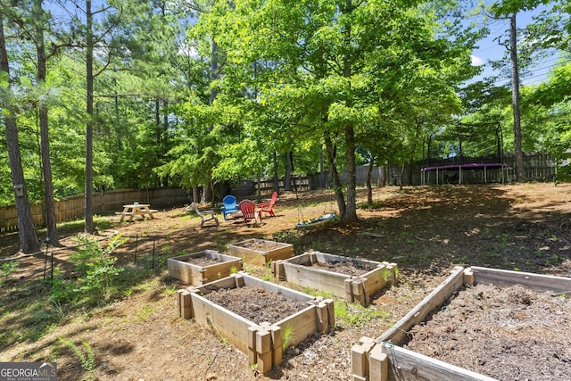 237 Parc Dr, Canton, GA 30114 - fenced backyard featuring a trampoline and a vegetable garden