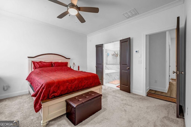 4565 Sims Park Overlook, Suwanee, GA 30024 - carpeted bedroom with crown molding, baseboards, ensuite bathroom, and ceiling fan