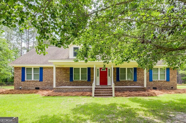 1282 Long Bridge Rd, Rincon, GA 31326 - view of front facade with crawl space, a front lawn, brick siding, a porch, and a shingled roof