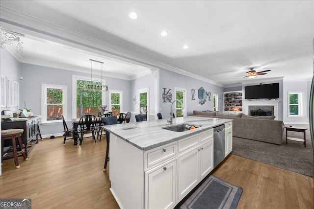 9035 Walnut Cove Ct, Gainesville, GA 30506 - kitchen with stainless steel dishwasher, a sink, white cabinetry, a fireplace, and ceiling fan