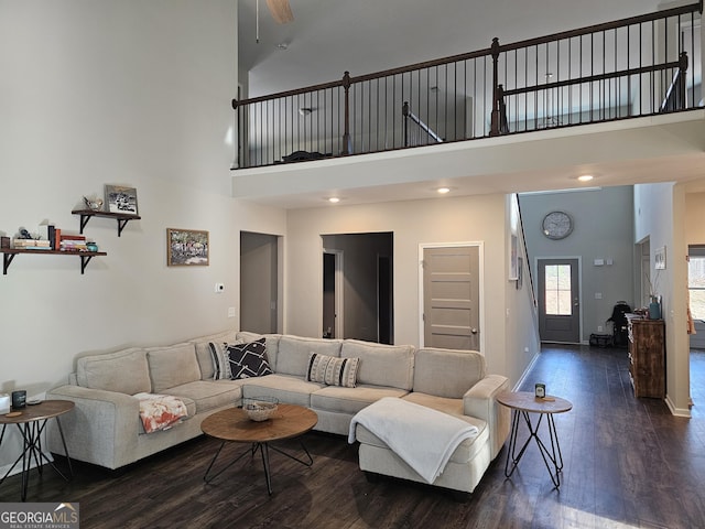 1698 W 5th Hwy, Carrollton, GA 30117 - living room with dark wood finished floors, a high ceiling, baseboards, and ceiling fan