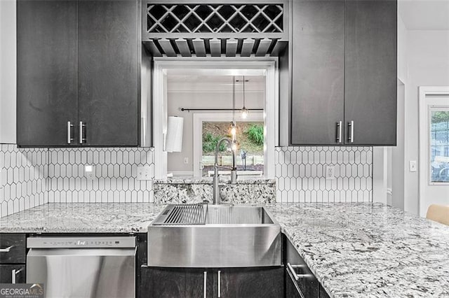2865 Winter Rose, Dunwoody, GA 30360 - kitchen featuring dishwasher, backsplash, dark cabinetry, and light stone counters