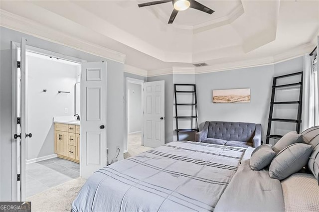 2865 Winter Rose, Dunwoody, GA 30360 - bedroom featuring a raised ceiling, crown molding, ensuite bath, light tile patterned flooring, and a ceiling fan