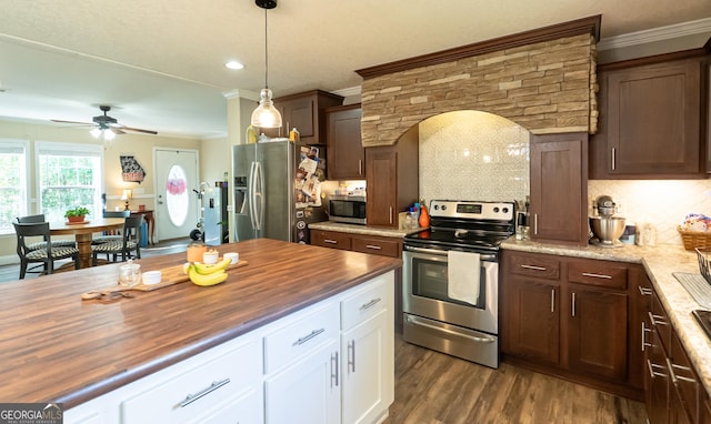 3251 Harrell Rd, Whigham, GA 39897 - kitchen with appliances with stainless steel finishes, butcher block countertops, crown molding, decorative backsplash, and a ceiling fan
