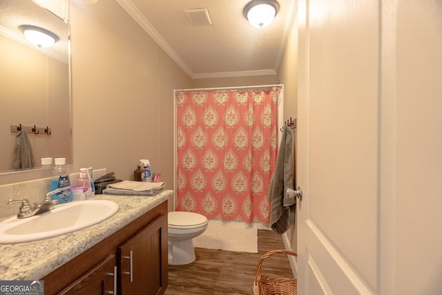 3251 Harrell Rd, Whigham, GA 39897 - bathroom with wood finished floors, vanity, ornamental molding, curtained shower, and a textured ceiling