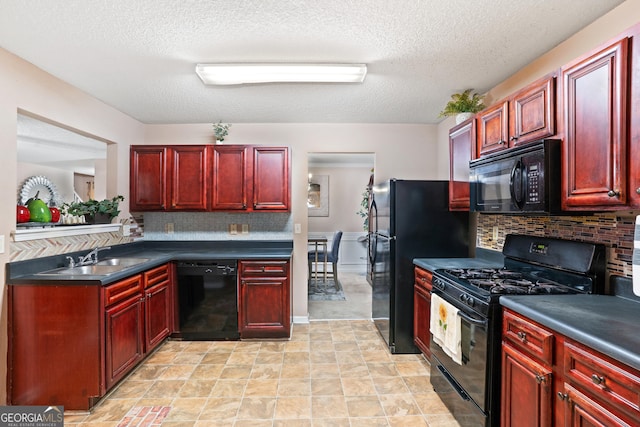 5865 El Segundo Way, Atlanta, GA 30349 - kitchen featuring black appliances, dark brown cabinets, a sink, tasteful backsplash, and a textured ceiling