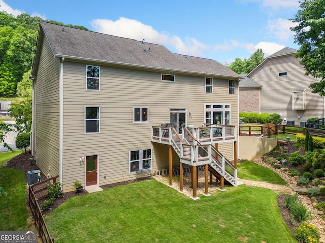 111 Millstone Way, Canton, GA 30115 - rear view of property with stairs, a wooden deck, central AC, and roof with shingles