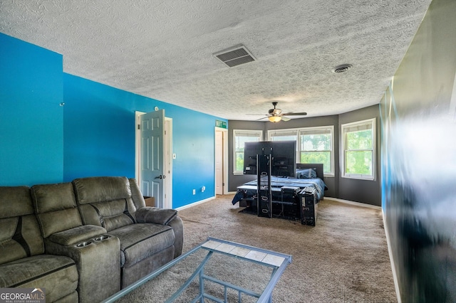 68 Riveree Rd, Brooks, GA 30205 - living room with ceiling fan, carpet flooring, and a textured ceiling