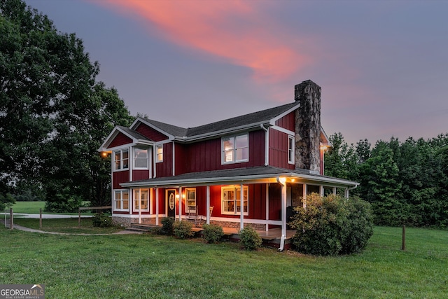 68 Riveree Rd, Brooks, GA 30205 - farmhouse inspired home featuring covered porch, a chimney, and a front yard