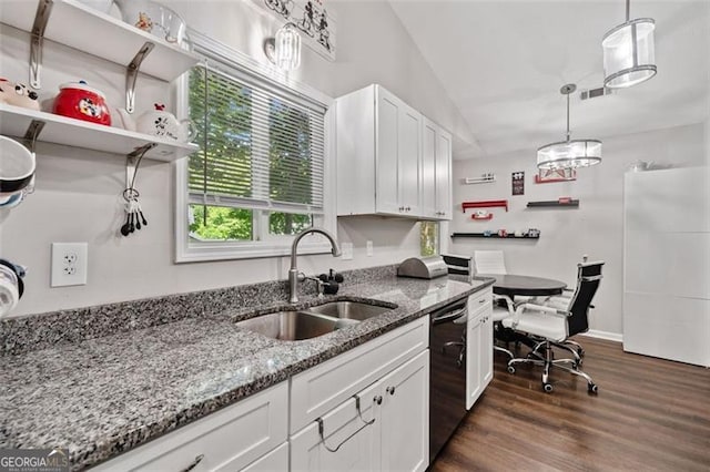10650 Colony Glen Dr, Johns Creek, GA 30022 - kitchen featuring a sink, white cabinetry, vaulted ceiling, dark wood-style floors, and dishwasher