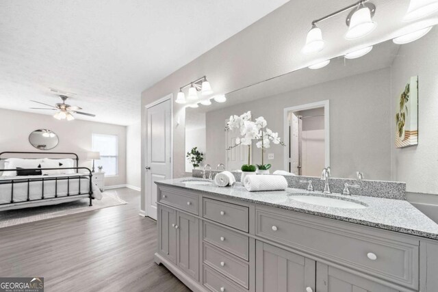 705 Beaufort Cir, Duluth, GA 30096 - bathroom featuring a ceiling fan, wood finished floors, double vanity, and baseboards