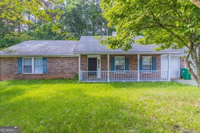5614 Regency Forest Ct, Lithonia, GA 30038 - single story home with brick siding, a porch, a front yard, roof with shingles, and an attached garage