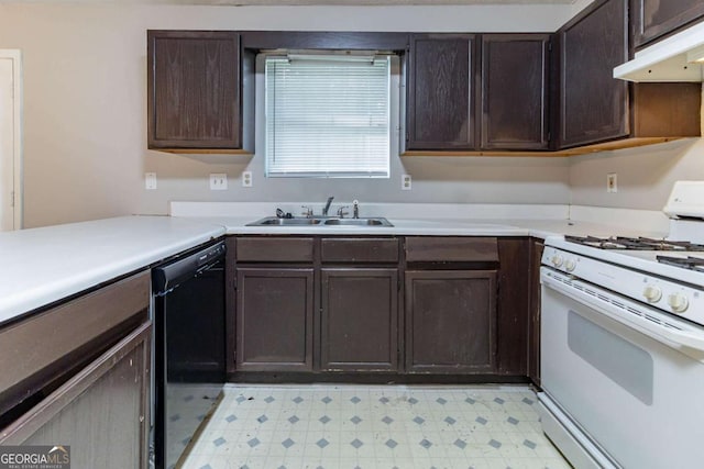 5614 Regency Forest Ct, Lithonia, GA 30038 - kitchen with white range with gas stovetop, a sink, black dishwasher, under cabinet range hood, and dark brown cabinetry