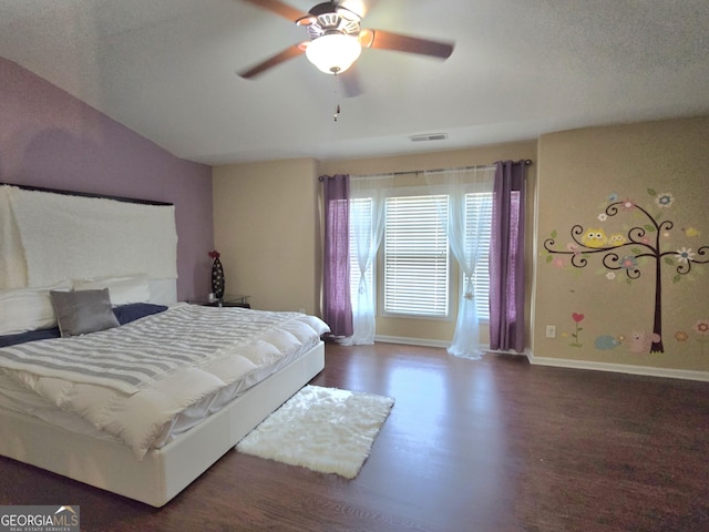 4860 Berkeley Glen Dr, Peachtree Corners, GA 30092 - bedroom with wood finished floors, baseboards, ceiling fan, a textured ceiling, and lofted ceiling