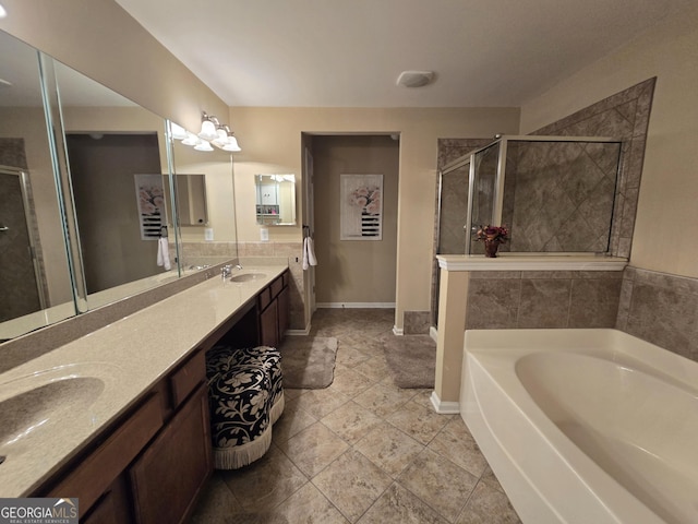 4860 Berkeley Glen Dr, Peachtree Corners, GA 30092 - bathroom with a garden tub, double vanity, a stall shower, tile patterned flooring, and baseboards