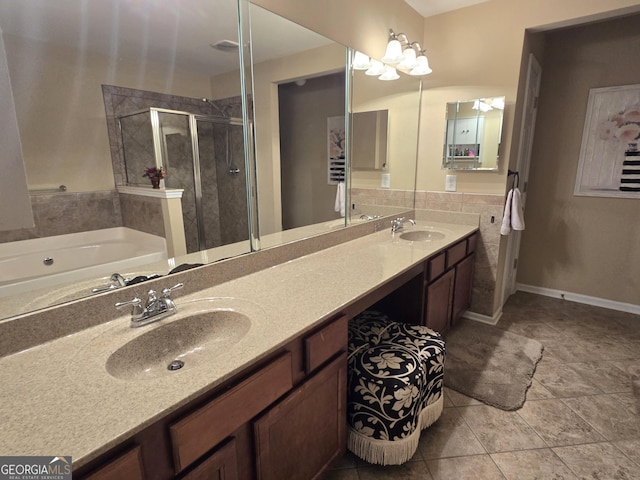 4860 Berkeley Glen Dr, Peachtree Corners, GA 30092 - full bath featuring a stall shower, double vanity, tile patterned flooring, and a garden tub