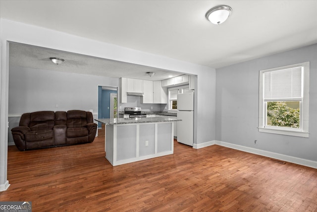 423 Clifton Ter, Carrollton, GA 30117 - kitchen with freestanding refrigerator, stainless steel electric range, open floor plan, under cabinet range hood, and white cabinets