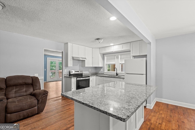 423 Clifton Ter, Carrollton, GA 30117 - kitchen with electric stove, a sink, light stone countertops, open floor plan, and white cabinetry