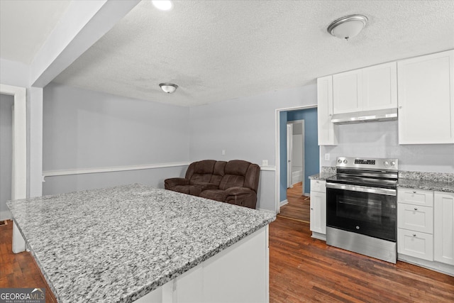 423 Clifton Ter, Carrollton, GA 30117 - kitchen with stainless steel electric range, under cabinet range hood, dark wood-style floors, light stone countertops, and white cabinetry