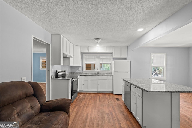 423 Clifton Ter, Carrollton, GA 30117 - kitchen featuring stainless steel appliances, under cabinet range hood, open floor plan, a sink, and light stone counters