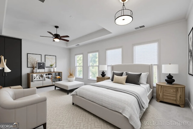 661 Lockton Pl # 9, Sandy Springs, GA 30342 - bedroom featuring a tray ceiling, light carpet, baseboards, and a ceiling fan