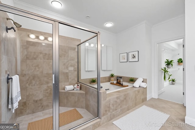 661 Lockton Pl # 9, Sandy Springs, GA 30342 - bathroom with tile patterned floors, ornamental molding, a shower stall, and a bath