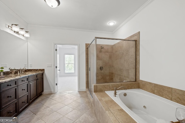 661 Lockton Pl # 9, Sandy Springs, GA 30342 - full bath featuring vanity, a tub with jets, a stall shower, ornamental molding, and tile patterned floors