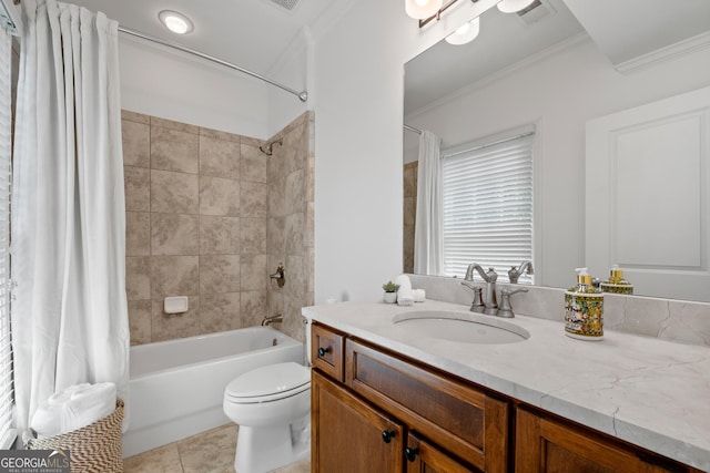 661 Lockton Pl # 9, Sandy Springs, GA 30342 - bathroom featuring ornamental molding, vanity, shower / bath combination with curtain, toilet, and tile patterned flooring