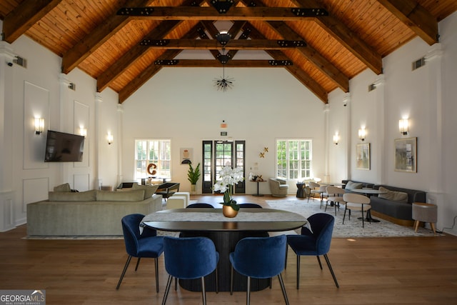 661 Lockton Pl # 9, Sandy Springs, GA 30342 - dining room with wood ceiling with exposed beams, high vaulted ceiling, and wood finished floors