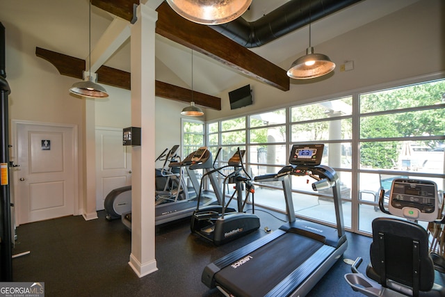 661 Lockton Pl # 9, Sandy Springs, GA 30342 - workout area with high vaulted ceiling and beamed ceiling
