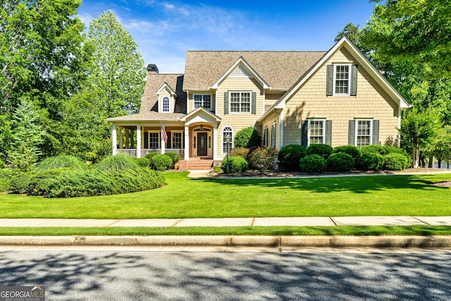 47 Lake Shore Dr, Newnan, GA 30265 - view of front of property with a chimney, a front lawn, roof with shingles, and a porch