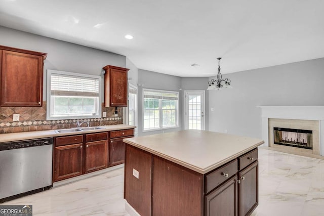 543 Serene Waters Trl, Jonesboro, GA 30236 - kitchen featuring dishwasher, light marble finish flooring, decorative backsplash, a chandelier, and recessed lighting