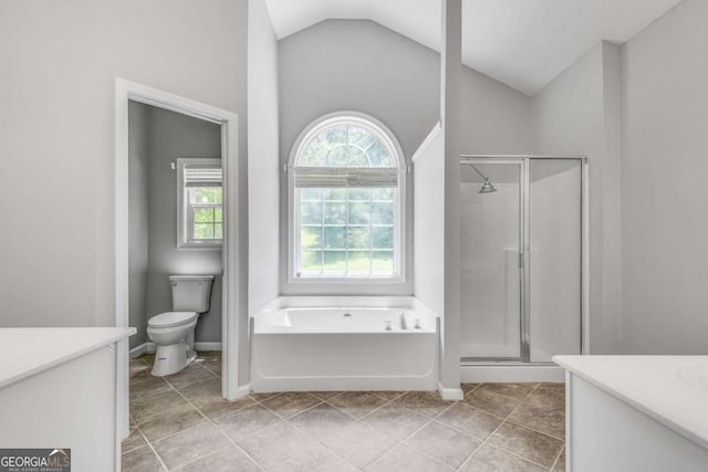 543 Serene Waters Trl, Jonesboro, GA 30236 - bathroom featuring vanity, a bath, a stall shower, vaulted ceiling, and toilet