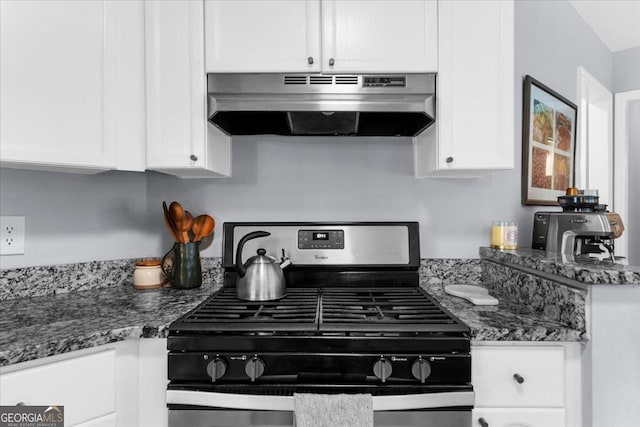 1359 Chatley Way, Woodstock, GA 30188 - kitchen featuring stainless steel gas range, under cabinet range hood, white cabinetry, and dark stone counters