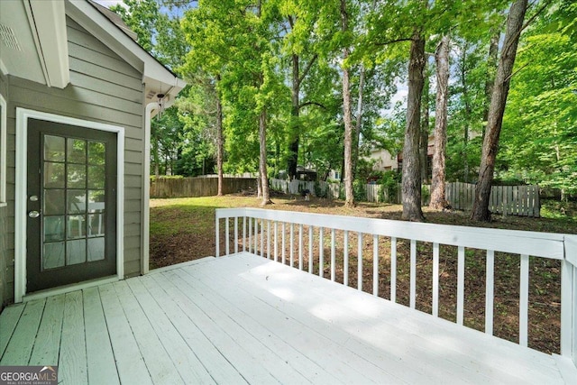 1359 Chatley Way, Woodstock, GA 30188 - wooden terrace with a fenced backyard and view of scattered trees
