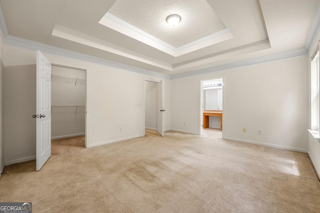 85 Old Gettysburg Way, Dallas, GA 30157 - unfurnished bedroom with a raised ceiling, carpet floors, crown molding, a walk in closet, and a textured ceiling