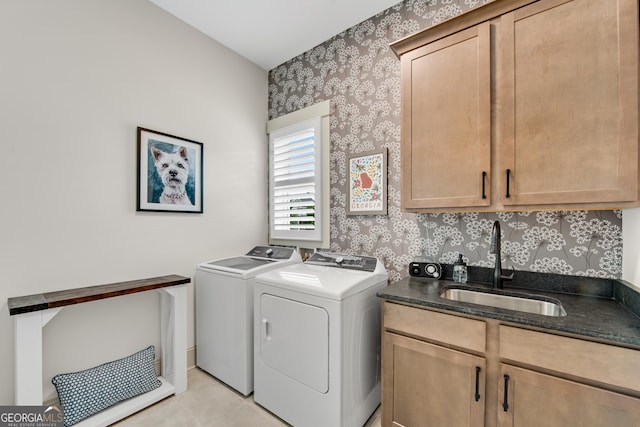 485 Delaperriere Loop, Jefferson, GA 30549 - laundry room with washing machine and dryer, wallpapered walls, cabinet space, and light tile patterned flooring