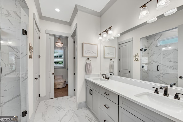 485 Delaperriere Loop, Jefferson, GA 30549 - full bathroom featuring marble look tile flooring, a marble finish shower, and double vanity