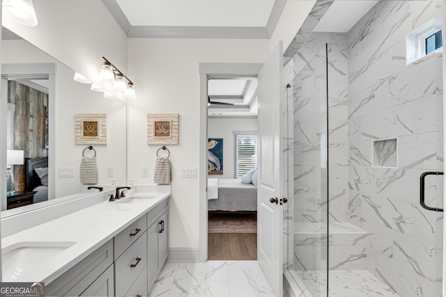 485 Delaperriere Loop, Jefferson, GA 30549 - bathroom with connected bathroom, marble look tile flooring, double vanity, and a marble finish shower