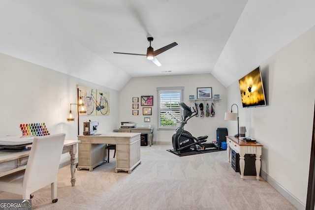 485 Delaperriere Loop, Jefferson, GA 30549 - office area featuring ceiling fan, light carpet, and lofted ceiling