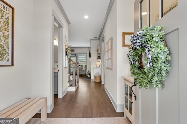 485 Delaperriere Loop, Jefferson, GA 30549 - entryway featuring dark wood-type flooring, stairway, and recessed lighting