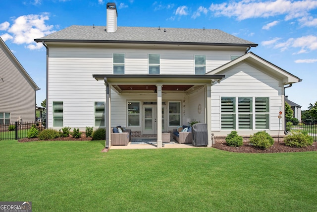 485 Delaperriere Loop, Jefferson, GA 30549 - back of property with ceiling fan, a patio area, and a chimney