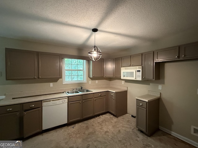 261 Sally Duke Dr, Whitesburg, GA 30185 - kitchen with white appliances, a sink, gray cabinetry, a textured ceiling, and pendant lighting