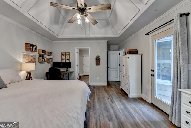 1882 Flowering Dr, Grayson, GA 30017 - bedroom featuring dark wood-style flooring, baseboards, ornamental molding, an office area, and access to exterior