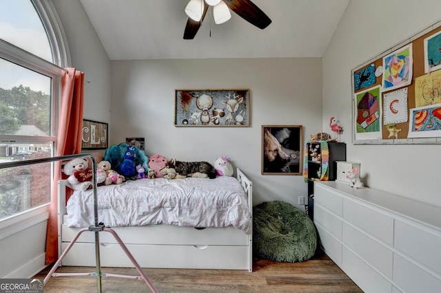 1882 Flowering Dr, Grayson, GA 30017 - bedroom featuring lofted ceiling, multiple windows, wood finished floors, and ceiling fan