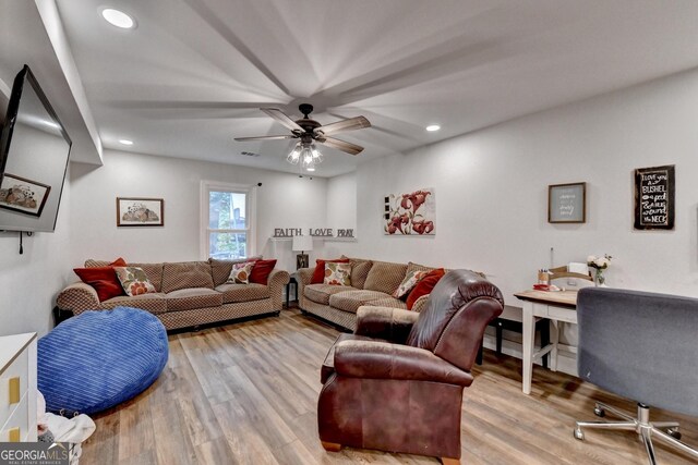 1882 Flowering Dr, Grayson, GA 30017 - living area with wood finished floors, recessed lighting, and a ceiling fan