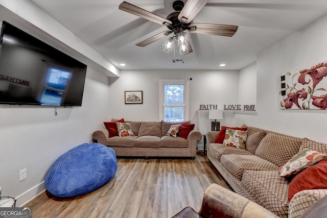 1882 Flowering Dr, Grayson, GA 30017 - living room with wood finished floors, a ceiling fan, recessed lighting, and baseboards