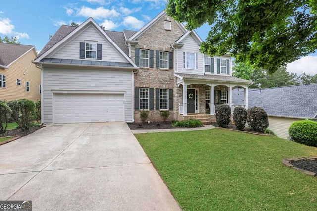 3980 Suwanee Place Dr, Suwanee, GA 30024 - traditional-style home featuring a porch, concrete driveway, a front lawn, a garage, and a standing seam roof