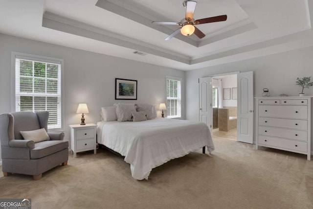 3980 Suwanee Place Dr, Suwanee, GA 30024 - bedroom with a raised ceiling, light carpet, ensuite bathroom, and a ceiling fan