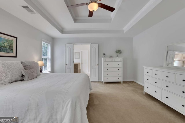 3980 Suwanee Place Dr, Suwanee, GA 30024 - bedroom featuring a raised ceiling, light carpet, crown molding, ensuite bathroom, and ceiling fan